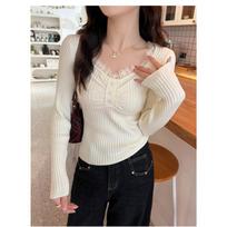 Lace knitted bottoming shirt women's inner fit slim-fitting season new fashion sweater short top One Size