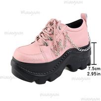 Gothic Punk Women's Platform Shoes Round Toe Lace-up Pink Chunky Sneakers Pu Leather Height Increasing Fashion Shoes for Women 35