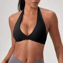 European and American Deep V Kinky Sexy Yoga Bra Women Hanging Neck Beauty Back Running Fitness Underwear No Steel Ring Sports Vest Black M