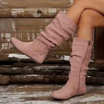 Moteriški platūs vidurio blauzdos batai, šoninis užtrauktukas, su klostuotu kulnu vakarietiško stiliaus batai, zomšiniai plokštapadžiai ankle boots moterims 36 rožinė