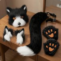 Costume Ear Headband Tail Face Covering Set Faux Hair Canine and Paw Mitts Eye Black White