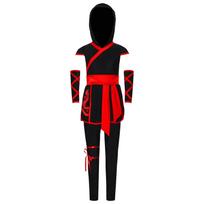 Unisex vaikų ninja kostiumas su drakono raštu, su gobtuvu, platus diržas, skeltas apačia, pirštinės, kelnės 3-4 Years raudona