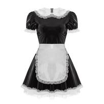 Moteriška „Wet Look“ odinė prancūziškos tarnaitės „Cosplay“ kostiumo mini suknelė su pūstomis rankovėmis M white
