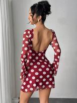 Spring Summer Women Sexy Polka Dot Backless Mesh Bell Sleeve Mini Dress Mature Style French Retro Patchwork Slim Sexy Elegant Women Maxi Dress S raudona