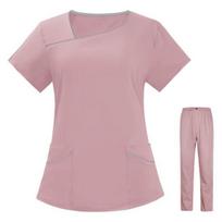 2Pcs/Set Women Hospital Uniform Set V-neck Solid Color Quick Dry Stretchy Short Sleeve Pockets Top Elastic Waist Pants Set Beauty S rožinė