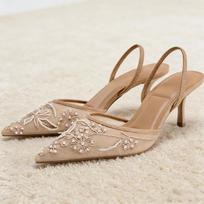 Luxury Mesh Embroidery High Heels Women Sexy Pointed Toe String Bead Slingback Heeled Sandals Summer Elegant Banquet Dress Shoes 35 smėlis