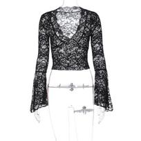 European & American Hot-Selling Sexy Deep V Slim-Fit Crop Top with Lace Long Sleeves Large juoda