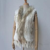 Women's Fur Knitted Vest Raccoon Fur Trim Collar Gilet Lady Fashion Waistcoat For Autumn Winter XXL