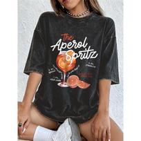 Aperol Spritz Lemon Prints Washed T-Shirts Womens Cotton Oversized T Shirt Summer Soft Short Sleeve Tops Hip Hop O-Neck Clothes Trendy Cool L