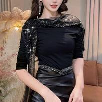New Sexy Mesh Autumn T-shirt Heavy Industry Slim Fit Splicing Long Sleeve Slim Bottoming Top for Women L juoda