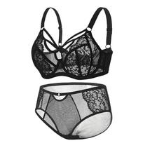 Large size underwear women's big breasts show small lace anti-sagging gathering set thin full cup bra 75C juoda