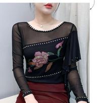 Spring and Autumn Round Neck Sexy Mesh T-Shirt Women's Long Sleeve Lotus Le Slim Top Bottoming Shirt S juoda