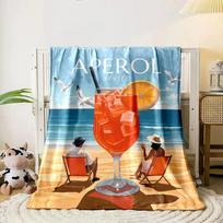 A vibrant Aperol Spritz with beach chairs, ocean, and seagulls. for all seasons blanket lunch break throw gift 80cm x 120cm