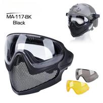Tactical Pilot Steel Mesh Full Face Mask, Comes With 3 Anti-Fog Goggles, Fits FAST Helmet For Airsoft CS Shooting Wargame MA-117 BK