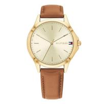 Tommy Hilfiger moteriškas laikrodis su auksiniu ciferblatu ir rudu odiniu dirželiu 2770142