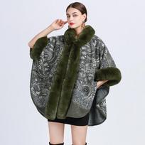Žieminė moteriška skara Cape kailinė apykaklė žakardo gobtuvu su gobtuvu didelio dydžio septynių taškų rankovėmis Tweed striukė megztinis One Size armijos žalia spalva