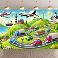 2D Cartoon Transportation Backdrop Kids Cars Planes Photography Background 47.2x31.5inch/120*80cm
