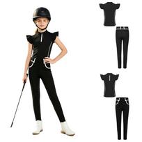 Kids Girls Equestrian Training Set Zip Stand Collar Ruffled Sleeve Contrast Trim Top and Non-slip Full Seat Riding Pants for Competition 5-6 Years