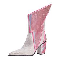 Fashion Women's New Calf Pointed Head Sexy Nightclub Europe and America Lightning Water Diamond Large Heel Short Boots 36 sidabras