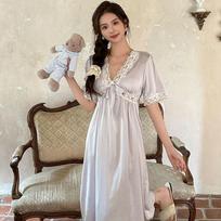 Sexy nightgown women's ice silk summer new V-neck lace pure desire wind medium and long pajamas loungewear can be worn outside M violetinė
