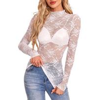 Yousheng Women Sheer Mesh Lace Tops Sexy Floral Embroidered Long Sleeve Shirt Bottoming Tops Versatile See-through Tops S balta