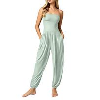 Women Strapless Tube Top Jumpsuit Elastic Waist Wide Leg Long Romper Backless Bustier Jumpsuits with Pockets M