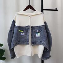 Hooded zipper splicing denim knitted double-sided cardigan autumn and winter new loose casual sweater jacket women one size fits all