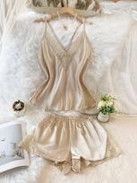 European and American Style Women's Sexy Lace Pajama Set Small chaki
