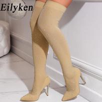 Long Boots Crystal Pointed Toe Woman Over-the-Knee Sexy Thin High Heels Nightclub Banquet Prom Shoes 35 abrikosas