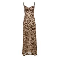 Lady Slip Dress Leopard Print Backless Slim Waist Low-cut V Neck Sleeveless A-line Prom Cocktail Club Party Maxi Dress S chaki