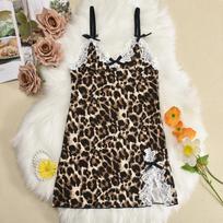 Sexy seduction lace splicing leopard print bow split suspender dress sex pajamas S