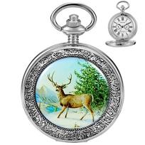 Painted Forest Deer Art Mechanical Pocket Watch Moon Phase Roman Numerals Women Men Pocket Watch Gifts Vintage Accessories gray