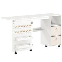 Sulankstomas siuvimo stalas su 6 ratukais, 18 kaiščių, 2 stalčiais ir 3 skyreliais, baltas 146.4 x 40 x 77.5 cm