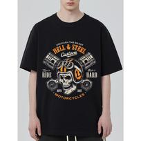 Men's Black Short Sleeve T-Shirt Hell And Steel Custom Motorcycle Skull Helmet Engine Print Graphic Tee For Biker Lifestyle Casual Wear S juoda