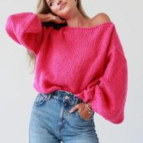 Autumn and winter new sexy one neck off shoulder solid color loose knit pullover sweater for women 3594 KTB S ryškiai rožinė