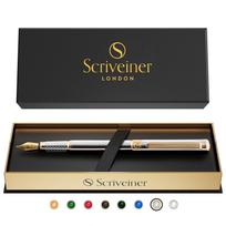 Scriveiner Silver Fountain Pen, Fine 18K Gold-Plated Schmidt Nib, Converter and Gift Box Set