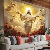 Majestic Jesus Christ Mural Tapestry Wall Hanging Divine Heavenly Angelic Christian Art Religious Floral Roses Home Decor Living 100X70CM beige