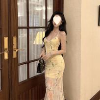 Island beautiful dopamine skirt yellow floral suspender halter dress sexy pure seaside vacation dress S