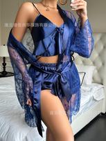 New sexy mesh nightgown lace sexy perspective women's outer loungewear S tamsiai mėlyna spalva