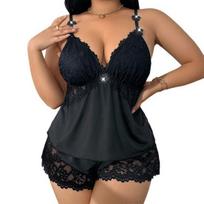 Women Plus Size Pajamas Set Sexy Lace Trim Cami Sleeveless Top And Shorts Nightwear Set Two-Piece Camisole Lounge Sleepwear Pjs Set XL juoda