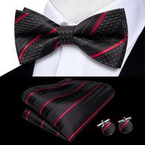Hi-Tie Dryžuotas Juodas Raudonas Vyriškas Kaklaraištis Peteliškė Skarelė Manžetės Mygtukai Paruoštas Mazgas Šilkinė Peteliškė Vyrui Verslo Šventė Didmeninė prekyba black