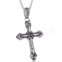 Vyriškas madingas retro nerūdijančio plieno graviruotas kryžiaus pakabukas su akmenuku. 55*38 Pendant (No Chain)