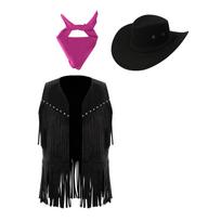 Unisex Kids Cowgirl Costume 3 Piece Set Open Waistcoat Decorative Studs Tassels Fringed Hem Vest Felt Cowboy Hat Square Scarf 5-6 Years juoda