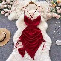 Women Sexy Red Ruched Mini Dress Sleeveless Backless Spaghetti Strap Dress Drawstring Bodycon Party Club Dress With Thong M vyno raudonos spalvos