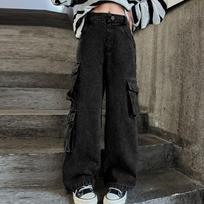 Summer Kids Girl Ripped Pants Double Button Jeans Girls' Wide Leg Pants 120