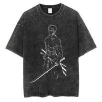 One Piece Roronoa Zoro Vintage Washed Anime Print Oversized T-Shirt | Unisex Streetwear Top L black