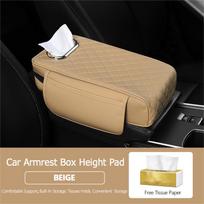 Nappa Leather Diamond-Embroidered Car Armrest Pad with Tissue Storage smėlis