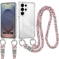 Coque pour Samsung Galaxy S25 Ultra, Protection Antichoc Rigide Transparent avec Cordon Rose rožinė