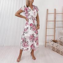 Women's Casual Summer Ruffle Sleeve Chiffon High Waist Printed Midi Dress S rožinė
