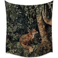 Senovinio stiliaus sieninė gobelenas su miško lapės paveikslu 150x100 juoda